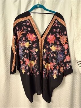 Rose & Olive Black Floral Boho Kimono with Pink, Orange and Yellow Embroidery
